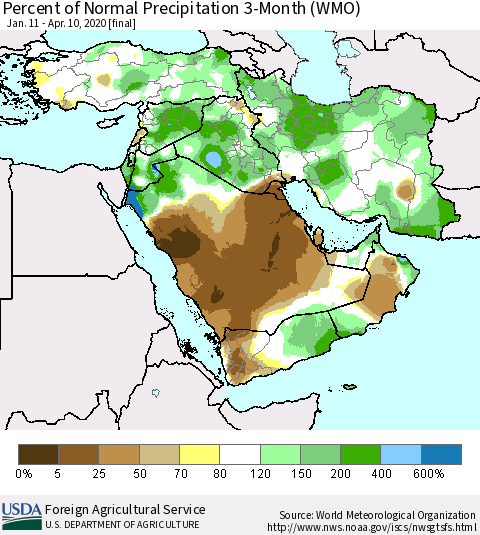 Middle East and Turkey Percent of Normal Precipitation 3-Month (WMO) Thematic Map For 1/11/2020 - 4/10/2020