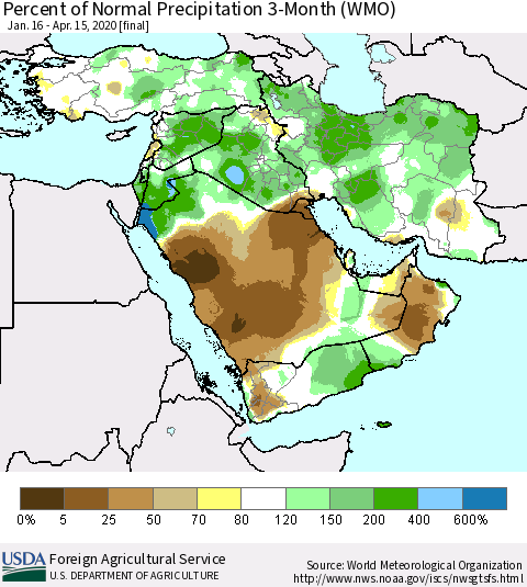 Middle East and Turkey Percent of Normal Precipitation 3-Month (WMO) Thematic Map For 1/16/2020 - 4/15/2020