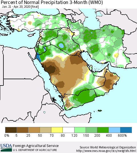 Middle East and Turkey Percent of Normal Precipitation 3-Month (WMO) Thematic Map For 1/21/2020 - 4/20/2020