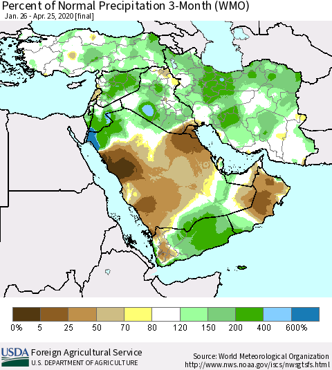 Middle East and Turkey Percent of Normal Precipitation 3-Month (WMO) Thematic Map For 1/26/2020 - 4/25/2020