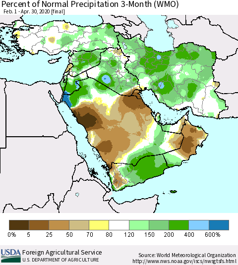 Middle East and Turkey Percent of Normal Precipitation 3-Month (WMO) Thematic Map For 2/1/2020 - 4/30/2020