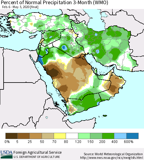 Middle East and Turkey Percent of Normal Precipitation 3-Month (WMO) Thematic Map For 2/6/2020 - 5/5/2020