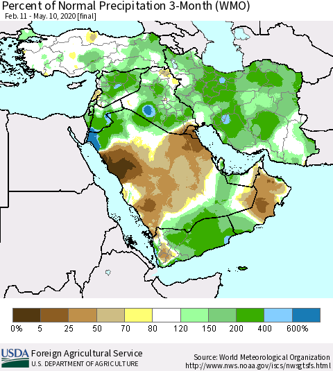 Middle East and Turkey Percent of Normal Precipitation 3-Month (WMO) Thematic Map For 2/11/2020 - 5/10/2020
