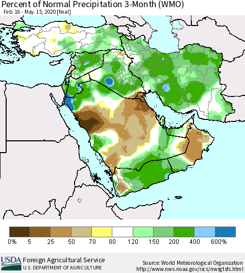 Middle East and Turkey Percent of Normal Precipitation 3-Month (WMO) Thematic Map For 2/16/2020 - 5/15/2020