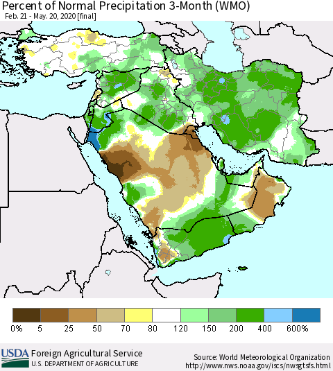 Middle East and Turkey Percent of Normal Precipitation 3-Month (WMO) Thematic Map For 2/21/2020 - 5/20/2020