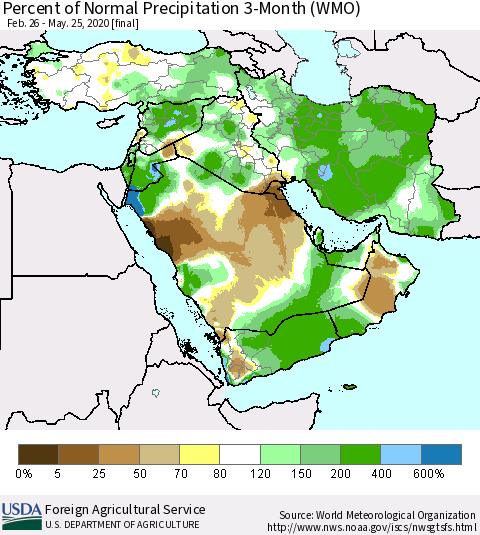 Middle East and Turkey Percent of Normal Precipitation 3-Month (WMO) Thematic Map For 2/26/2020 - 5/25/2020