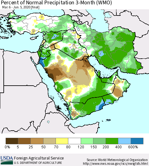 Middle East and Turkey Percent of Normal Precipitation 3-Month (WMO) Thematic Map For 3/6/2020 - 6/5/2020