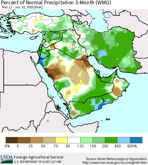 Middle East and Turkey Percent of Normal Precipitation 3-Month (WMO) Thematic Map For 3/11/2020 - 6/10/2020