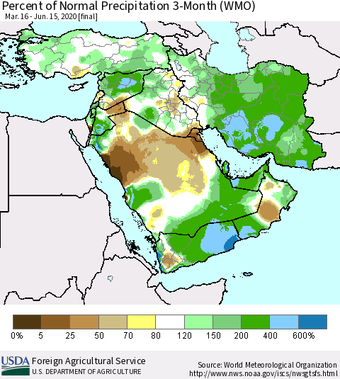Middle East and Turkey Percent of Normal Precipitation 3-Month (WMO) Thematic Map For 3/16/2020 - 6/15/2020