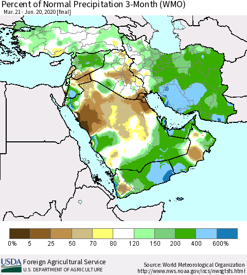 Middle East and Turkey Percent of Normal Precipitation 3-Month (WMO) Thematic Map For 3/21/2020 - 6/20/2020