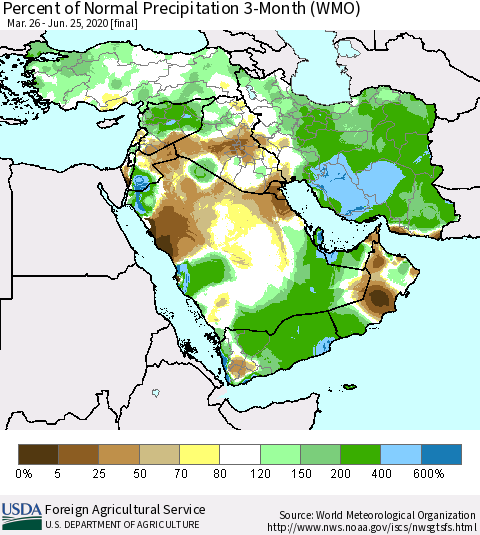 Middle East and Turkey Percent of Normal Precipitation 3-Month (WMO) Thematic Map For 3/26/2020 - 6/25/2020