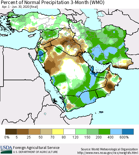Middle East and Turkey Percent of Normal Precipitation 3-Month (WMO) Thematic Map For 4/1/2020 - 6/30/2020