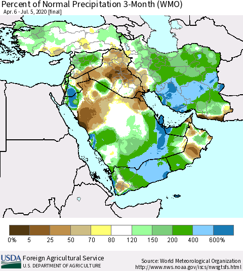 Middle East and Turkey Percent of Normal Precipitation 3-Month (WMO) Thematic Map For 4/6/2020 - 7/5/2020