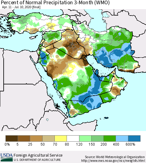 Middle East and Turkey Percent of Normal Precipitation 3-Month (WMO) Thematic Map For 4/11/2020 - 7/10/2020
