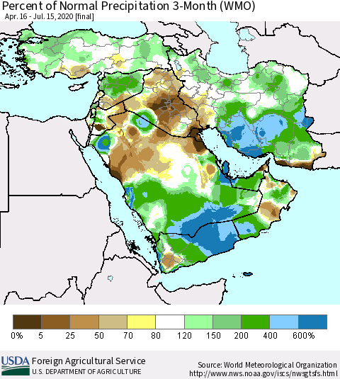 Middle East and Turkey Percent of Normal Precipitation 3-Month (WMO) Thematic Map For 4/16/2020 - 7/15/2020