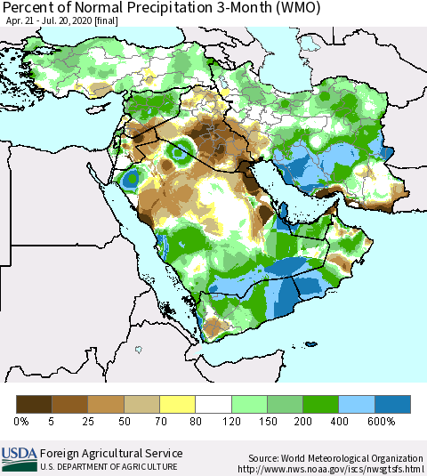 Middle East and Turkey Percent of Normal Precipitation 3-Month (WMO) Thematic Map For 4/21/2020 - 7/20/2020