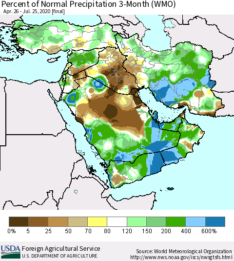 Middle East and Turkey Percent of Normal Precipitation 3-Month (WMO) Thematic Map For 4/26/2020 - 7/25/2020