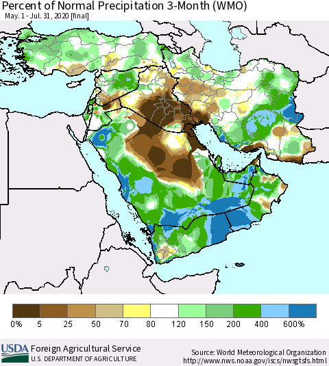 Middle East and Turkey Percent of Normal Precipitation 3-Month (WMO) Thematic Map For 5/1/2020 - 7/31/2020