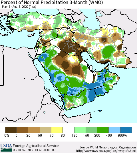 Middle East and Turkey Percent of Normal Precipitation 3-Month (WMO) Thematic Map For 5/6/2020 - 8/5/2020