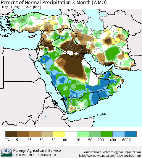 Middle East and Turkey Percent of Normal Precipitation 3-Month (WMO) Thematic Map For 5/11/2020 - 8/10/2020