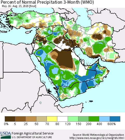 Middle East and Turkey Percent of Normal Precipitation 3-Month (WMO) Thematic Map For 5/16/2020 - 8/15/2020
