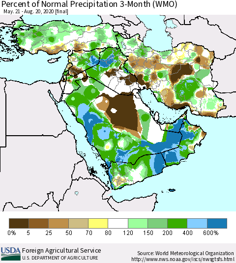 Middle East and Turkey Percent of Normal Precipitation 3-Month (WMO) Thematic Map For 5/21/2020 - 8/20/2020