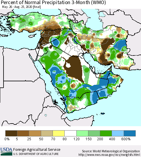 Middle East and Turkey Percent of Normal Precipitation 3-Month (WMO) Thematic Map For 5/26/2020 - 8/25/2020