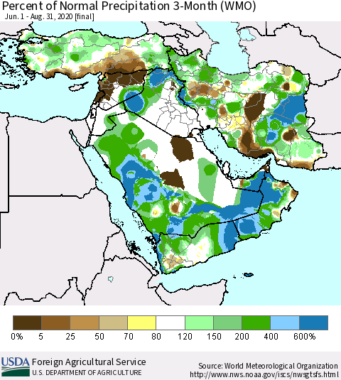 Middle East and Turkey Percent of Normal Precipitation 3-Month (WMO) Thematic Map For 6/1/2020 - 8/31/2020