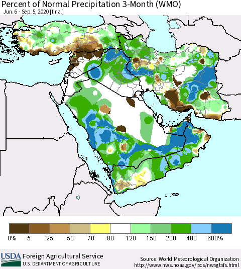 Middle East and Turkey Percent of Normal Precipitation 3-Month (WMO) Thematic Map For 6/6/2020 - 9/5/2020