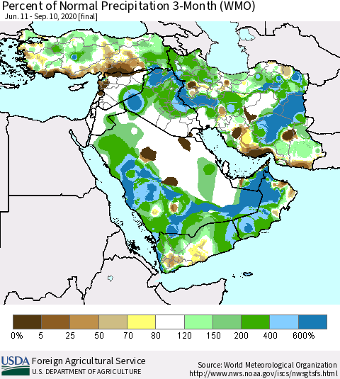 Middle East and Turkey Percent of Normal Precipitation 3-Month (WMO) Thematic Map For 6/11/2020 - 9/10/2020