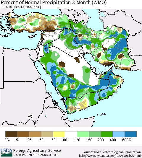 Middle East and Turkey Percent of Normal Precipitation 3-Month (WMO) Thematic Map For 6/16/2020 - 9/15/2020