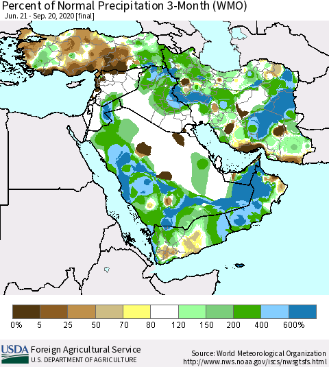 Middle East and Turkey Percent of Normal Precipitation 3-Month (WMO) Thematic Map For 6/21/2020 - 9/20/2020