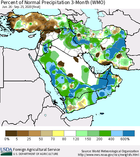 Middle East and Turkey Percent of Normal Precipitation 3-Month (WMO) Thematic Map For 6/26/2020 - 9/25/2020