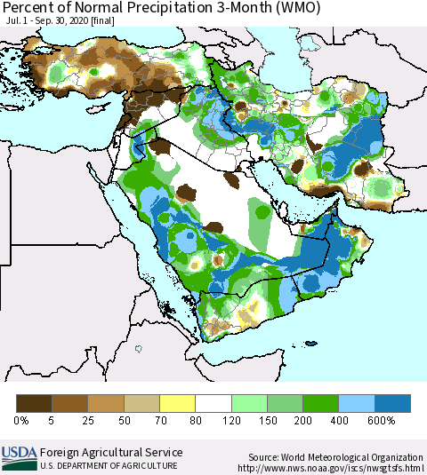 Middle East and Turkey Percent of Normal Precipitation 3-Month (WMO) Thematic Map For 7/1/2020 - 9/30/2020