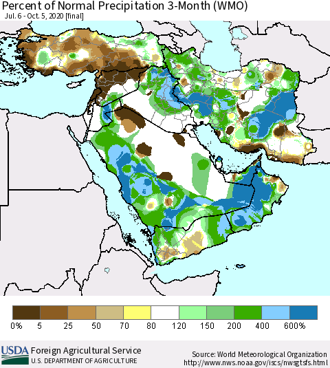 Middle East and Turkey Percent of Normal Precipitation 3-Month (WMO) Thematic Map For 7/6/2020 - 10/5/2020