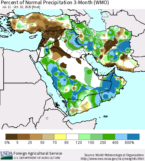 Middle East and Turkey Percent of Normal Precipitation 3-Month (WMO) Thematic Map For 7/11/2020 - 10/10/2020
