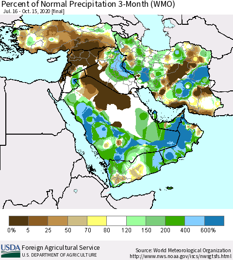 Middle East and Turkey Percent of Normal Precipitation 3-Month (WMO) Thematic Map For 7/16/2020 - 10/15/2020