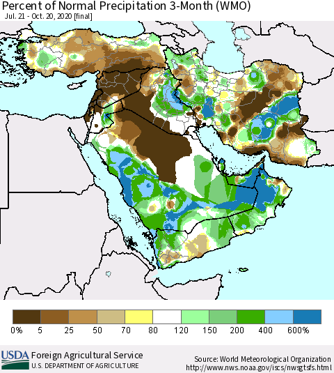Middle East and Turkey Percent of Normal Precipitation 3-Month (WMO) Thematic Map For 7/21/2020 - 10/20/2020