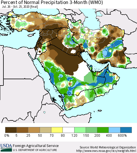 Middle East and Turkey Percent of Normal Precipitation 3-Month (WMO) Thematic Map For 7/26/2020 - 10/25/2020