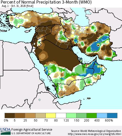 Middle East and Turkey Percent of Normal Precipitation 3-Month (WMO) Thematic Map For 8/1/2020 - 10/31/2020