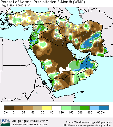Middle East and Turkey Percent of Normal Precipitation 3-Month (WMO) Thematic Map For 8/6/2020 - 11/5/2020