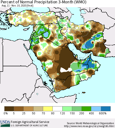 Middle East and Turkey Percent of Normal Precipitation 3-Month (WMO) Thematic Map For 8/11/2020 - 11/10/2020