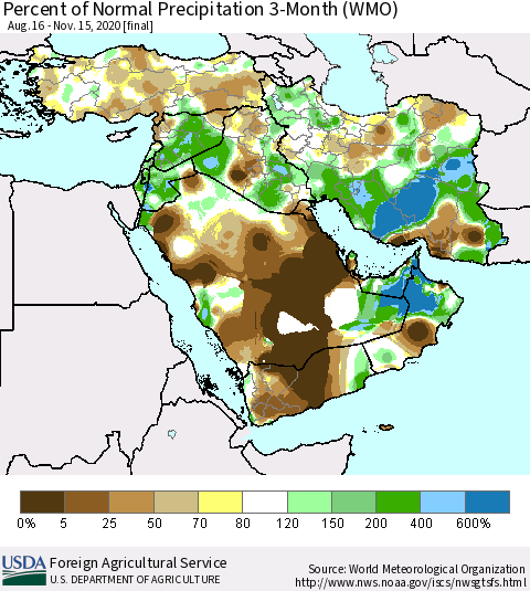 Middle East and Turkey Percent of Normal Precipitation 3-Month (WMO) Thematic Map For 8/16/2020 - 11/15/2020