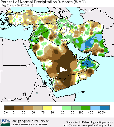 Middle East and Turkey Percent of Normal Precipitation 3-Month (WMO) Thematic Map For 8/21/2020 - 11/20/2020
