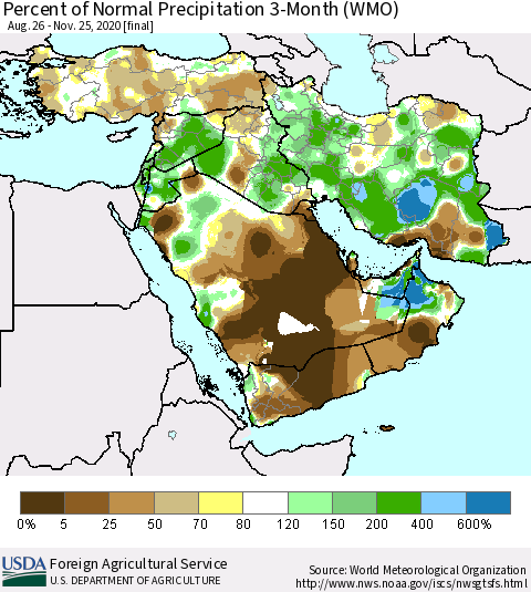 Middle East and Turkey Percent of Normal Precipitation 3-Month (WMO) Thematic Map For 8/26/2020 - 11/25/2020