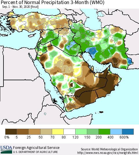 Middle East and Turkey Percent of Normal Precipitation 3-Month (WMO) Thematic Map For 9/1/2020 - 11/30/2020