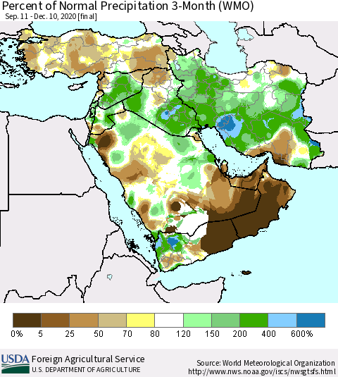 Middle East and Turkey Percent of Normal Precipitation 3-Month (WMO) Thematic Map For 9/11/2020 - 12/10/2020
