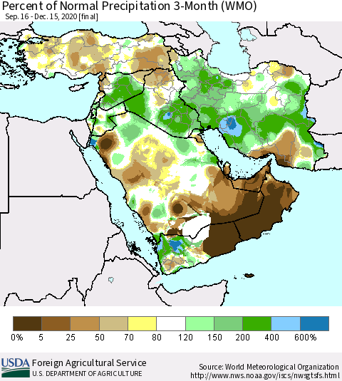 Middle East and Turkey Percent of Normal Precipitation 3-Month (WMO) Thematic Map For 9/16/2020 - 12/15/2020
