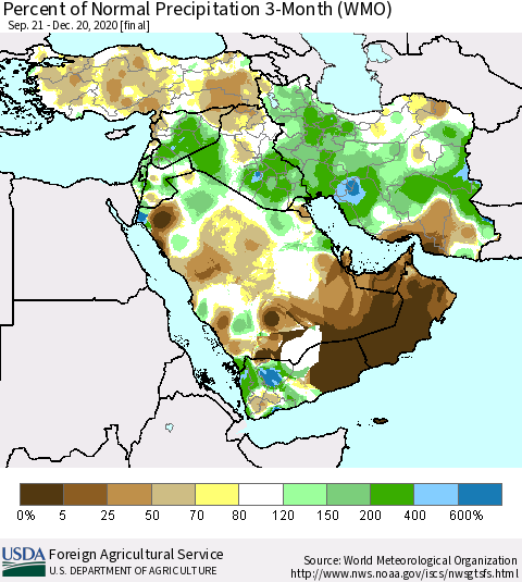 Middle East and Turkey Percent of Normal Precipitation 3-Month (WMO) Thematic Map For 9/21/2020 - 12/20/2020