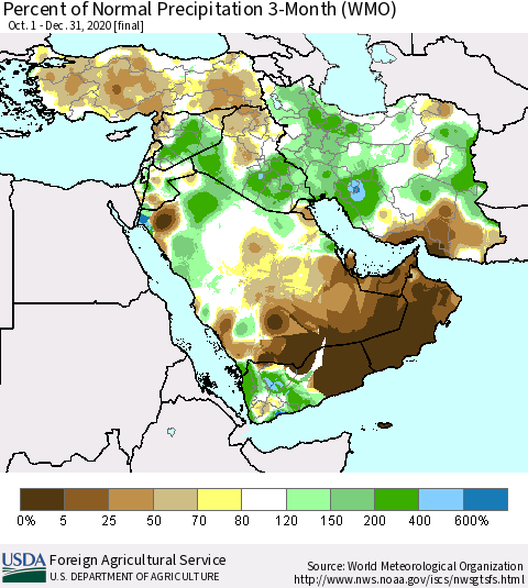 Middle East and Turkey Percent of Normal Precipitation 3-Month (WMO) Thematic Map For 10/1/2020 - 12/31/2020